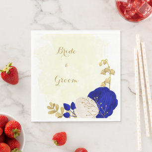 royal blue & white flowers gold wedding napkin