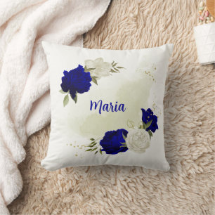 royal blue white flowers green leaves cushion
