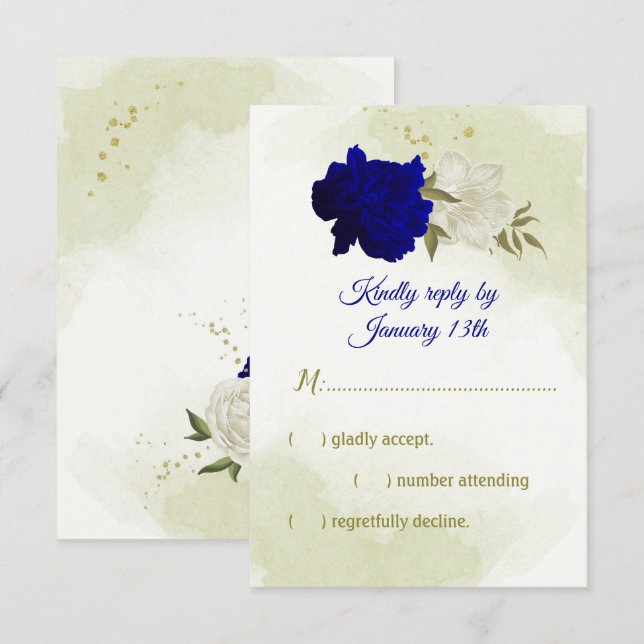 royal blue white flowers green leaves RSVP card (Front/Back)
