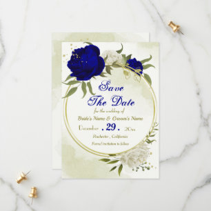 royal blue white flowers green leaves save the date