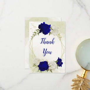 royal blue white flowers green leaves thank you card