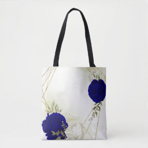 royal blue white flowers green leaves tote bag