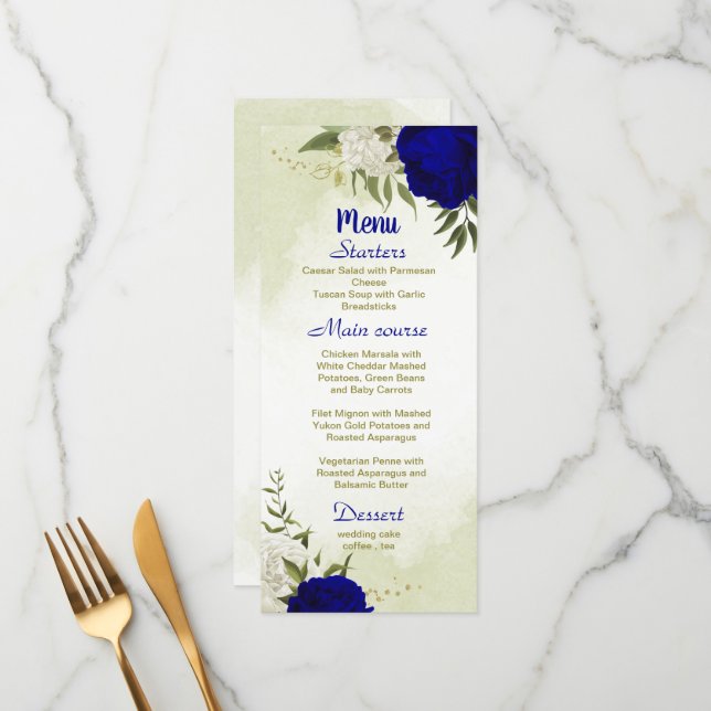 royal blue white flowers green leaves wedding menu (Front/Back In Situ)