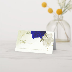 royal blue white flowers green leaves wedding place card