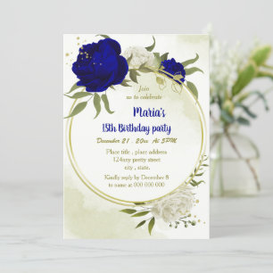 royal blue white flowers greenery birthday invitation