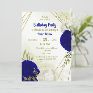 royal blue white flowers greenery birthday  invitation