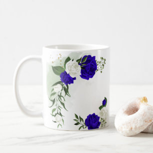 royal blue & white flowers greenery coffee mug