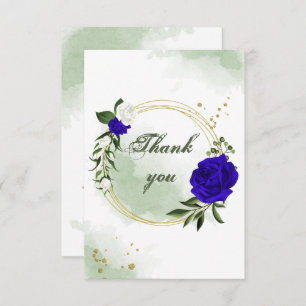 royal blue & white flowers greenery gold wreath thank you card