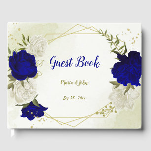 royal blue white flowers greenery guest book