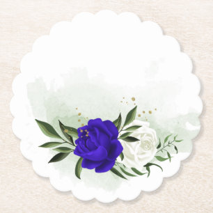 royal blue & white flowers greenery paper coaster