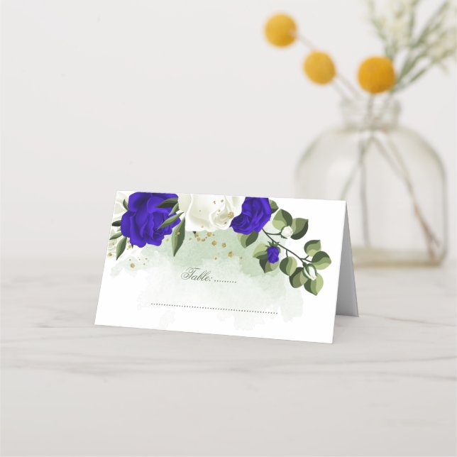 royal blue & white flowers greenery place card (Front)