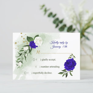 royal blue & white flowers greenery RSVP card