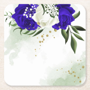 royal blue & white flowers greenery square paper coaster