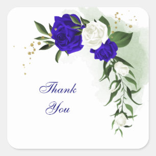 royal blue & white flowers greenery wedding square sticker