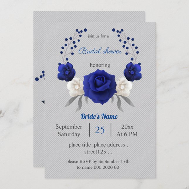 royal blue white flowers grey  bridal shower invitation (Front/Back)