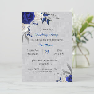 royal blue white flowers grey leaves birthday invitation