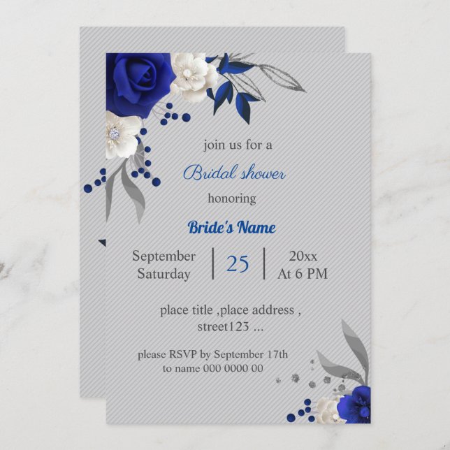 royal blue white flowers grey leaves bridal shower invitation (Front/Back)