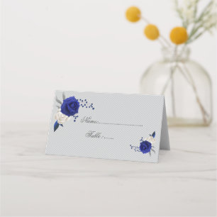 royal blue white flowers grey place card