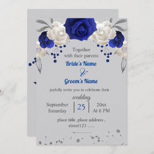 royal blue white flowers leaves grey wedding invitation