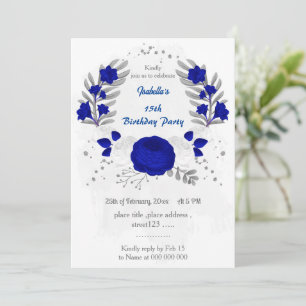 royal blue &white flowers silver birthday invitation