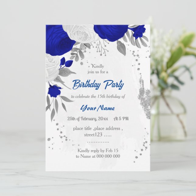 royal blue &white flowers silver birthday invitation (Standing Front)