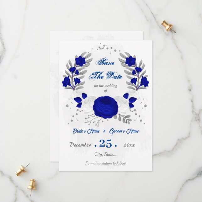 royal blue &white flowers silver botanical save the date (Front/Back In Situ)