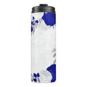 royal blue &white flowers silver botanical thermal tumbler