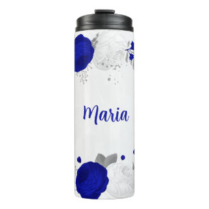 royal blue &white flowers silver botanical thermal tumbler