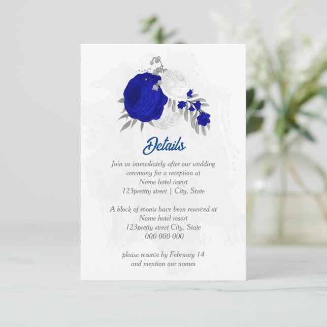 royal blue &white flowers silver botanical wedding enclosure card (Standing Front)