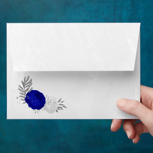 royal blue &white flowers silver botanical wedding envelope (Hand)