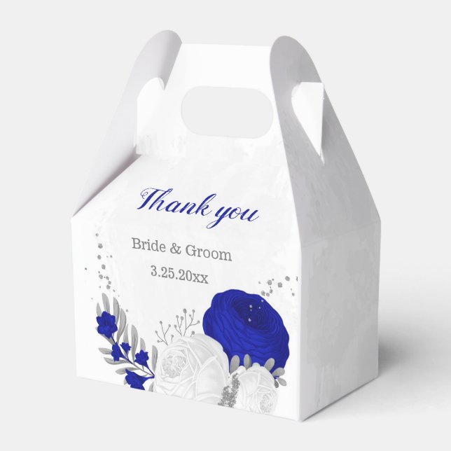 royal blue &white flowers silver botanical wedding favour box (Front Side)