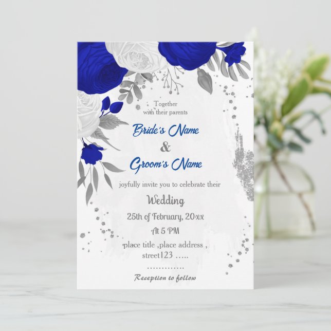 royal blue &white flowers silver botanical wedding invitation (Standing Front)