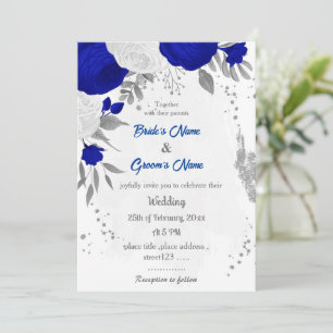 royal blue &white flowers silver botanical wedding invitation