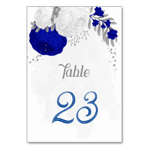 royal blue &white flowers silver botanical wedding table number