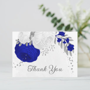 royal blue &white flowers silver botanical wedding thank you card