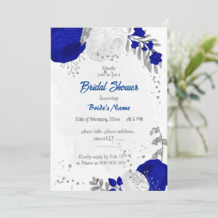royal blue &white flowers silver  bridal shower  invitation
