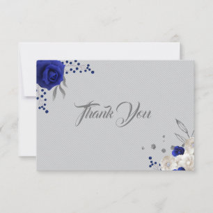 royal blue white flowers silver grey thank you card
