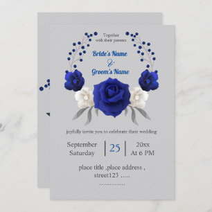 royal blue white flowers silver grey wedding invitation