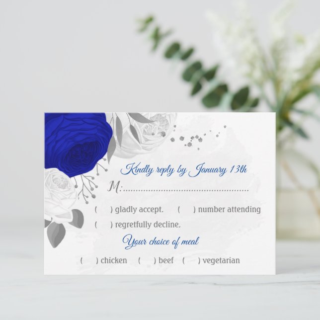 royal blue &white flowers silver meal choice RSVP card (Standing Front)