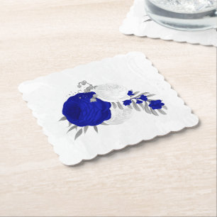  royal blue & white flowers silver  paper coaster