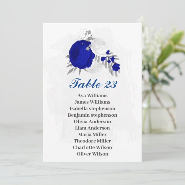 royal blue white flowers silver seating chart card (Standing Front)