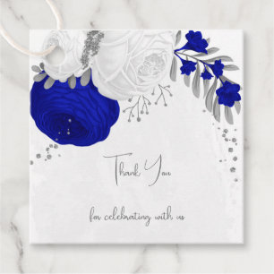 royal blue & white flowers silver wedding favour tags