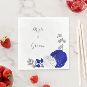 royal blue & white flowers silver wedding napkin