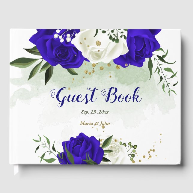 royal blue white flowers wedding guest book (Front)