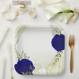 royal blue white flowers wedding paper plate