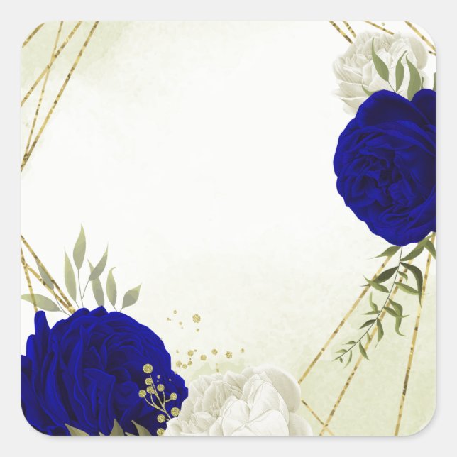 royal blue white flowers wedding square sticker (Front)