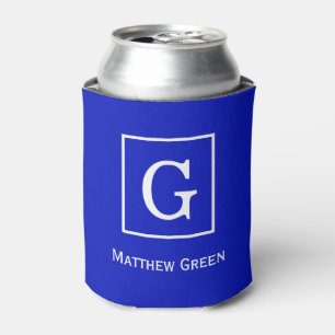 Royal Blue White Framed Initial Monogram Can Cooler