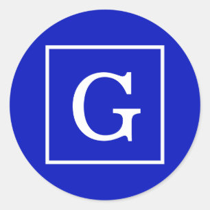 Royal Blue White Framed Initial Monogram Classic Round Sticker
