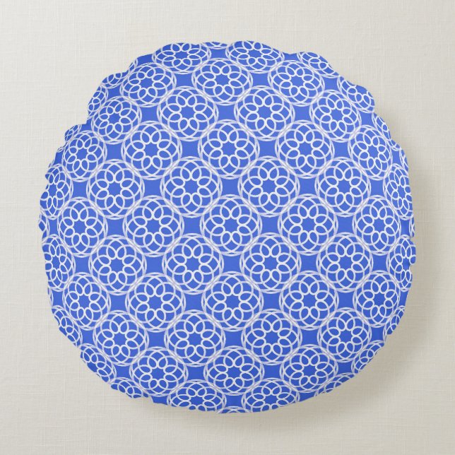 Royal Blue White Geometric Seamless Pattern Round Cushion (Front)