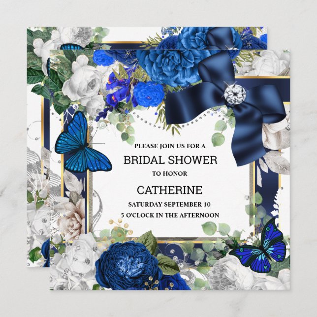 Royal blue white glitter bow diamond butterfly  invitation (Front/Back)